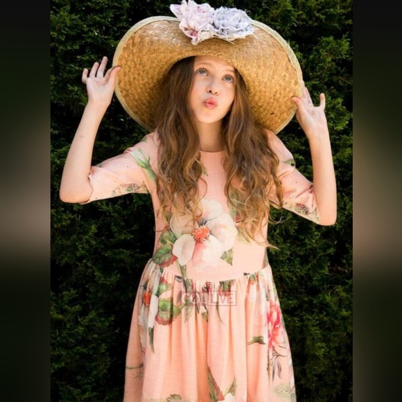 TEELA NYC Gorgeous Ema Eyelet Lace Peach Floral Dress Half Sleeve Girls' 7 - Picture 2 of 9